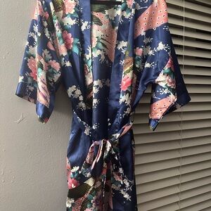 Navy Floral Satin Kimono Robe with Pink & Mint Accents